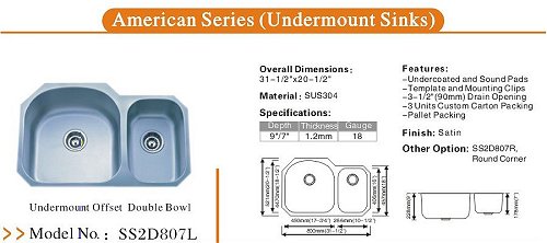 SS2D807 Offset Double Bowls undermount Sinks, Material #304 stainless Steel, 18 gauges